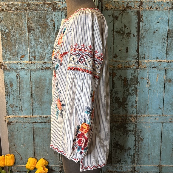 Johnny Was Hummingbird Embroidered Pinstriped Blue White Stripe Tunic Flowers XS - Picture 7 of 15